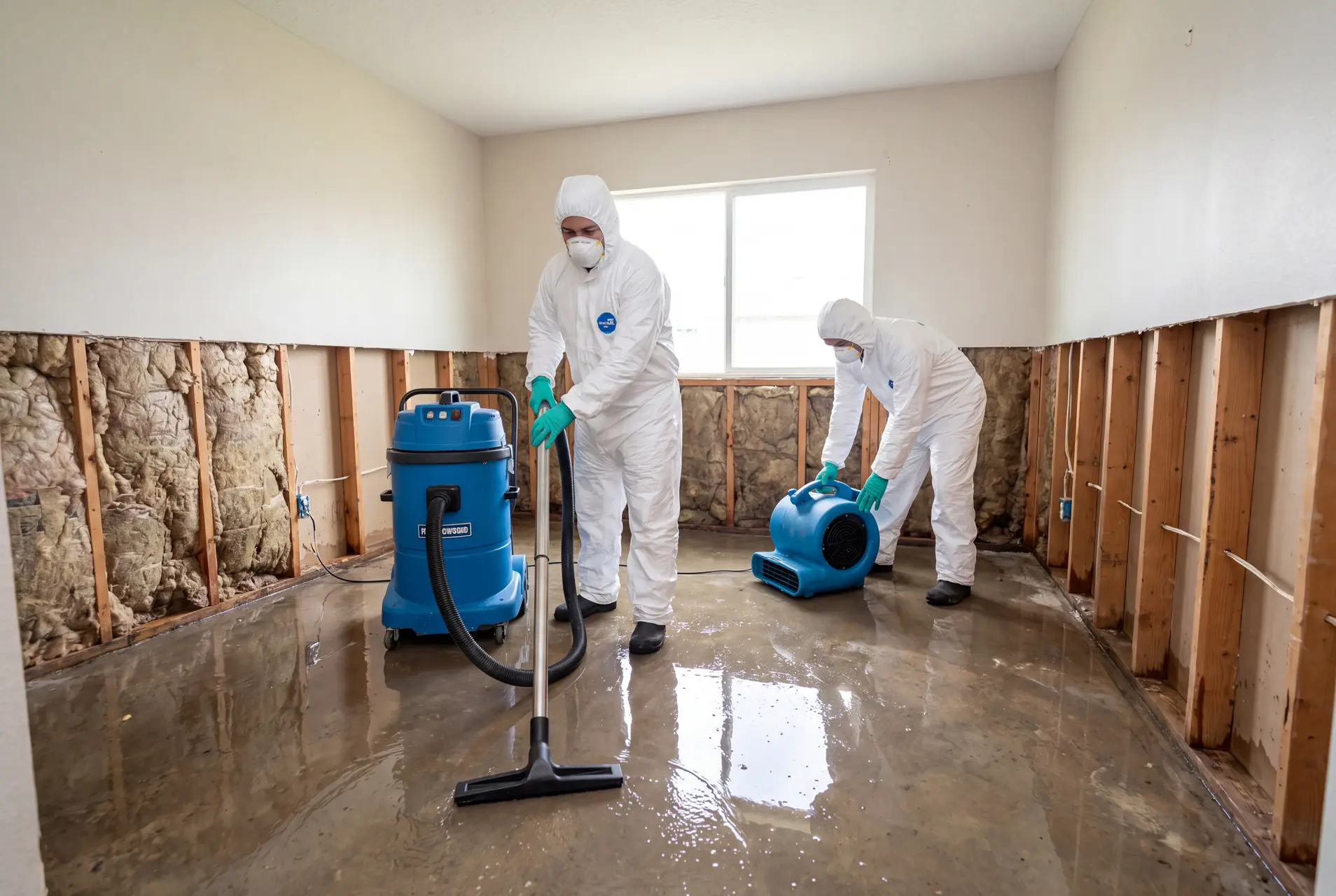 HazPro technicians extracting water and drying a flooded room