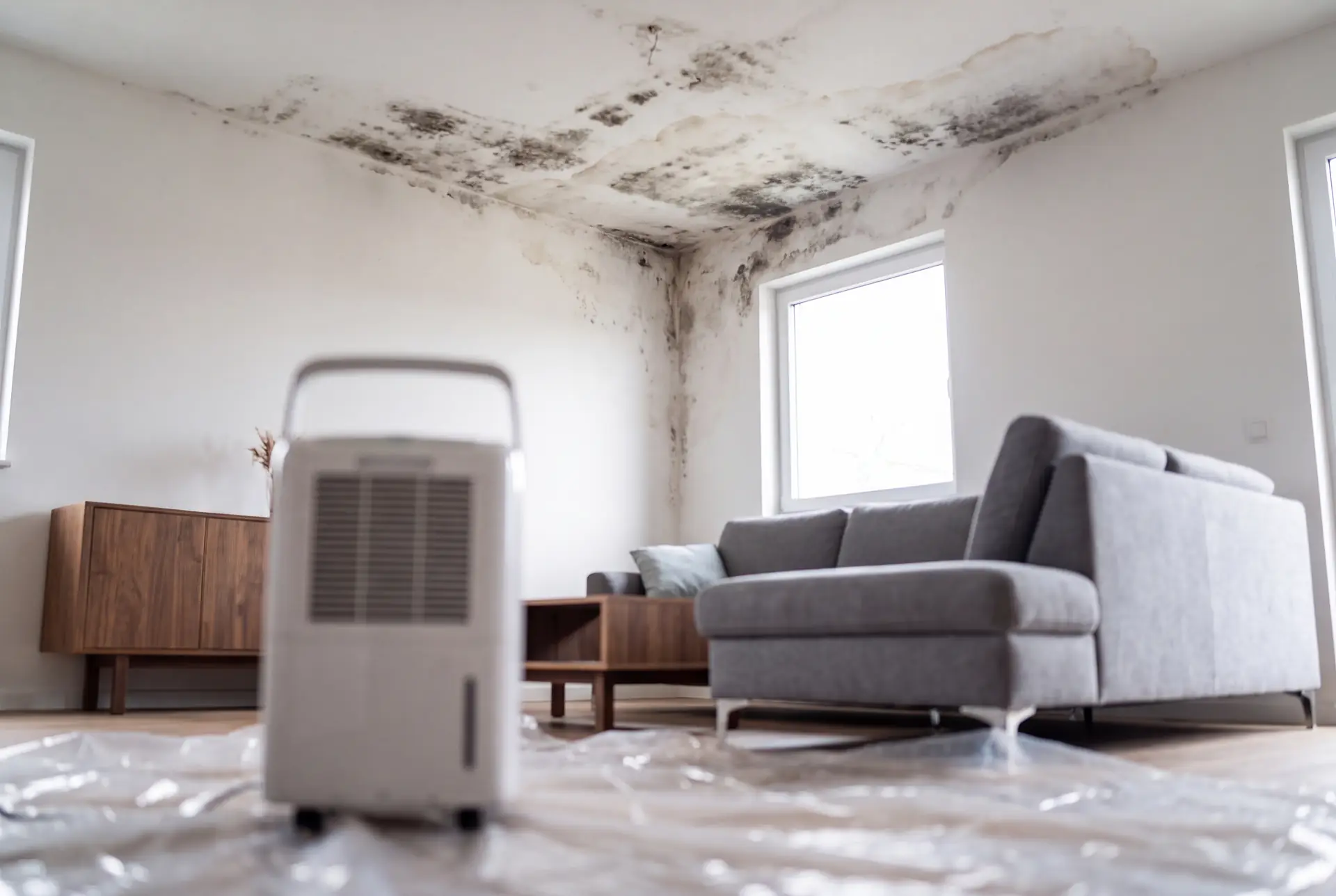 Mould growth on walls and a ceiling inside a home