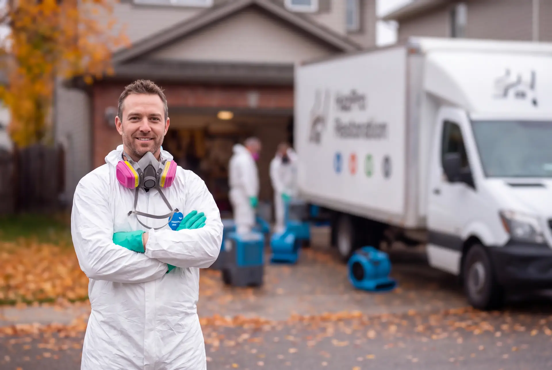 HazPro Restoration technician in protective gear outside a home, with company vans and drying equipment