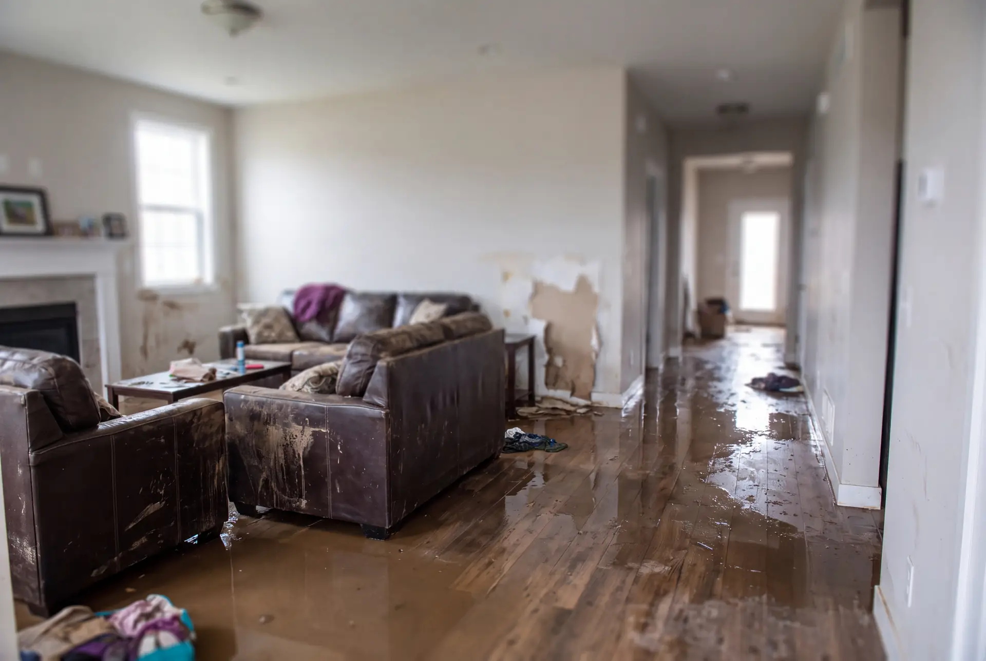 Standing water and water damage inside a home living area
